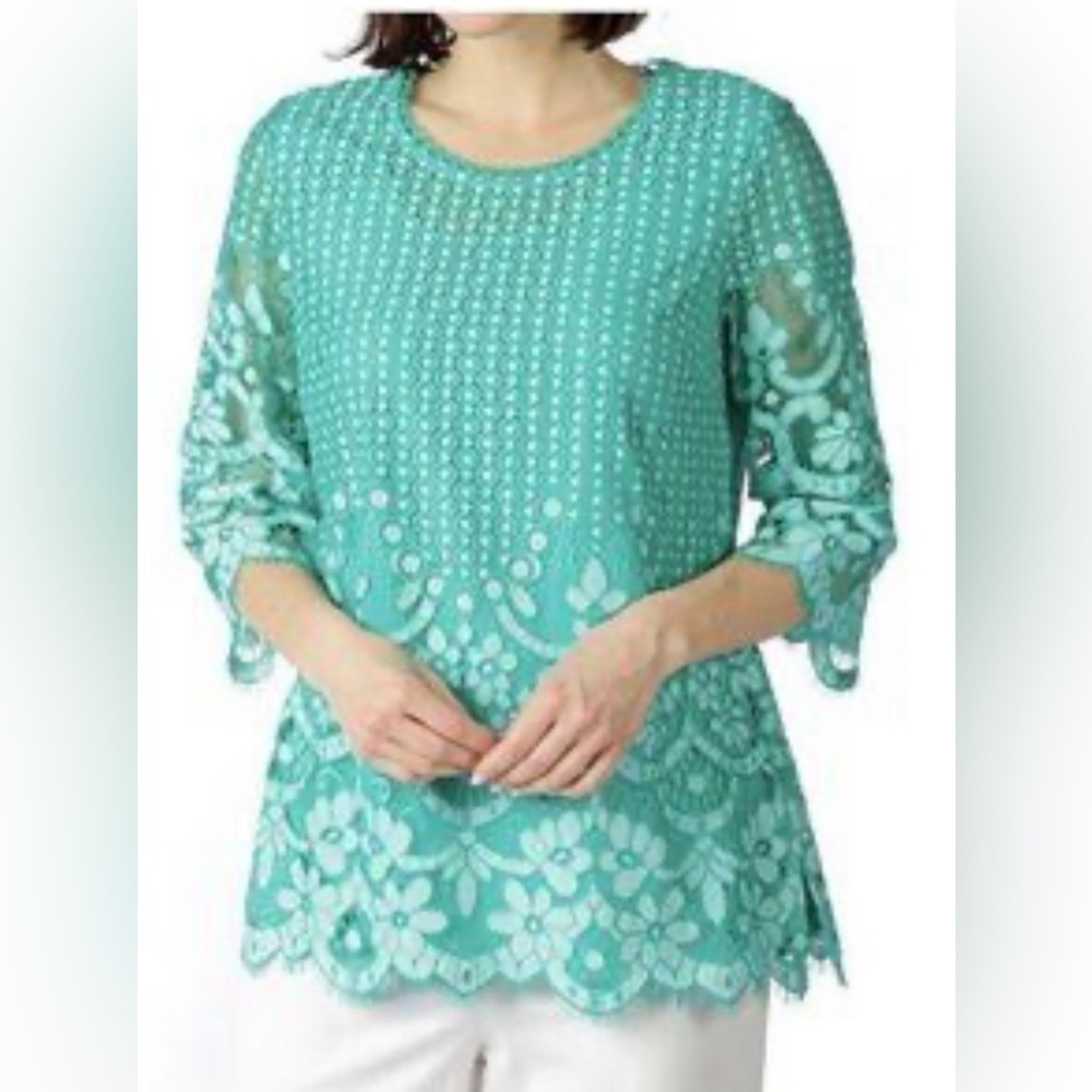 Isaac Mizrahi Live! Green Crochet Lace Overlay Tunic Top Sz Lg beautifu… - Picture 8 of 11